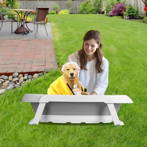 2-in-1 Hundebadewanne mit ablauf, Tragbare Klappbare Hundewanne, Faltbare Katzendusche, bis 15 kg, für kleine Hunde und Katzen, Haustierwanne (Grau)