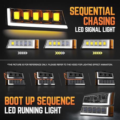 Image of DNA MOTORING Pair Full LED Projector Sequential Headlights Compatible with 03-06 Chevy Silverado 1500 2500 3500 1500HD 2500HD, Start-Up Sequential DRL, Chrome /Amber, HL-HP8-CSIL03-4P-CH-AM