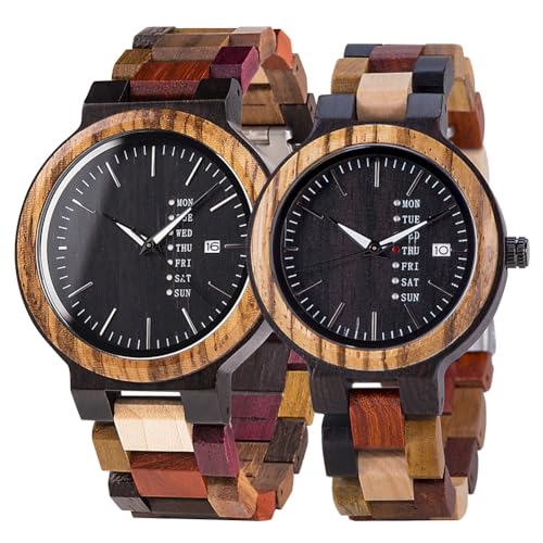 EBONY Wooden Couple Watches for Him Her Handmade Multi-Color Wood Band Date Week Display Wristwatch Unique Anniversary for Boyfriend and Girlfriend