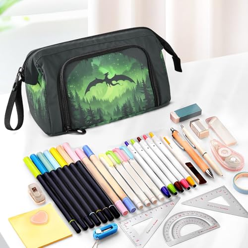 Image of Cool Dragon Green Pencil Bag Pencil Case for Teen Boy Girl, Big Capacity Pen Bag Zipper Pencil Pouch with Handheld Aesthetic Pencil Pouch with Print School Office Pencils Stationery
