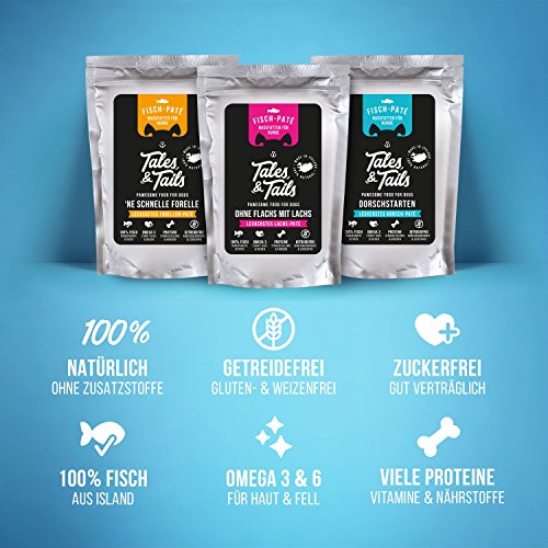 Tales & Tails® - Nassfutter für Hunde aus 100% isländischer Forelle | Getreidefreies Hundefutter, Natürlich, Nährstoffreich, Zuckerfrei | Hundenassfutter „’Ne schnelle Forelle“ | 8X 100g