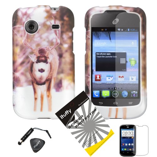 3 items Combo: ITUFFY (TM) Mini Stylus Pen + Case Opener + Design Rubberized Snap on Hard Shell Cover Faceplate Skin Phone Case for ZTE Whirl Z660G /Straight Talk (Reindeer)
