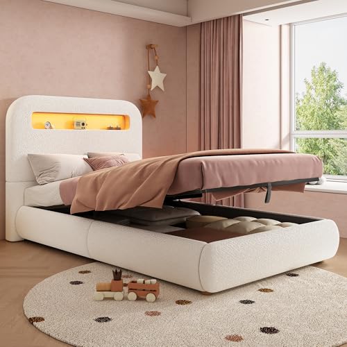 YAIXBNG Cama tapizada, cama individual, cuna 90 x 200 cm, cama funcional hidráulica, cama con somier, cabecero y gran espacio de almacenamiento, iluminación LED, patas de madera maciza, color blanco