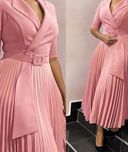 Image of SOMTHRON Women's Elegant 3 /4 Sleeve Blazer Dress V Neck Lapel Pleated Business Work Swing Midi Dress with Belt