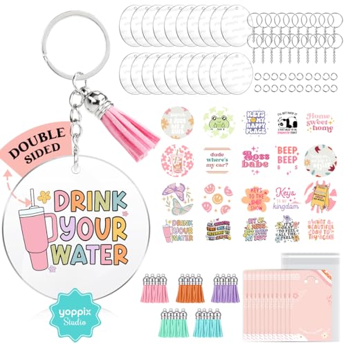 Image of YOPPIX 140 PCS Acrylic Keychain Blank Set, Funny Double-Sided UV DTF Stickers Acrylic Keychain Making Kits for Vinyl DIY Craft Project