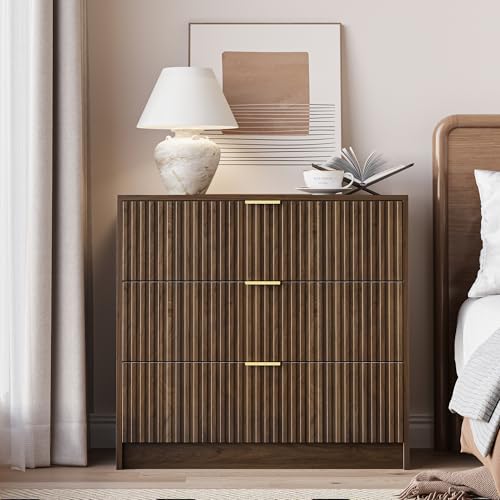 Image of MAISONARIA Fluted Dresser for Bedroom, 32 Inch Wide Nightstand with Large Drawer, 3 Drawer End Table for Bedroom, Living Rooms, Offices, and Entryways, Walnut
