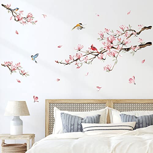 decalmile Magnolia Flowers Tree Branch Wall Decals Pink Floral Blossom ...