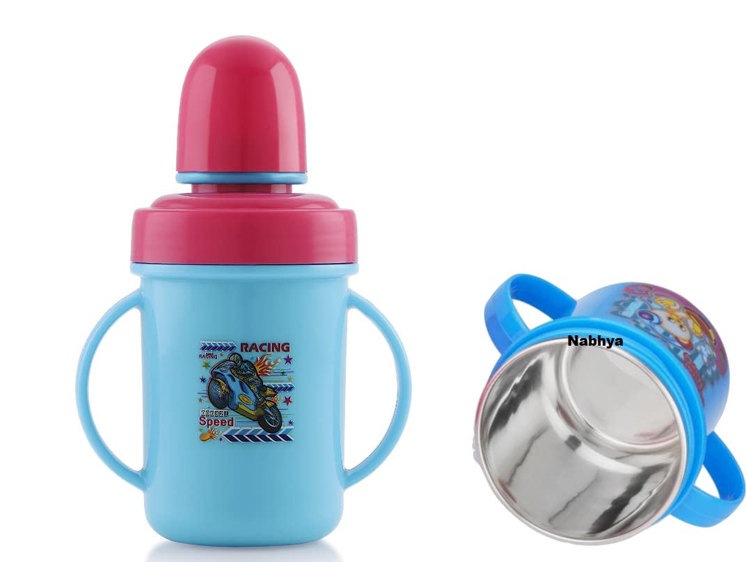 Zerya Hippo Baby Sipper Milk Bottle for Infant Toddler 250 ml, Anti-Spill Sippy Cup with Soft Silicone Nipple BPA Free, with Steel Inner (Sky Blue)-image-8