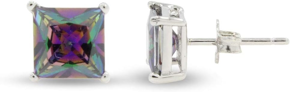 Mystic Topaz Stud Earrings for Women, Multi-Shape Round, Oval & Princess Cut 6–7mm Lab-Created Rainbow Fire Topaz in 925 Sterling Silver with Push Back