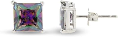 أقراط Mystic Topaz Stud للنساء، متعددة الأشكال مستديرة وبيضاوية ومقطوعة على شكل أميرة، 67 ملم، توباز نار قوس قزح مصنوع في المختبر من الفضة الإسترليني عيار 925 مع دفع للخلف