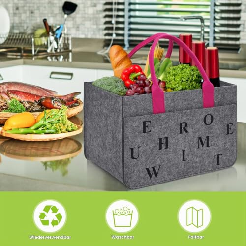 Eurhomewit Filz Einkaufskörbe Filztasche Einkaufstasche mit Fächern, Filztasche Groß 30L Faltbar Robust Flaschentasche Kaminholztasche Kleiderkorb Spielzeugtasche (Mittelgrau + Magenta/1 Stück)