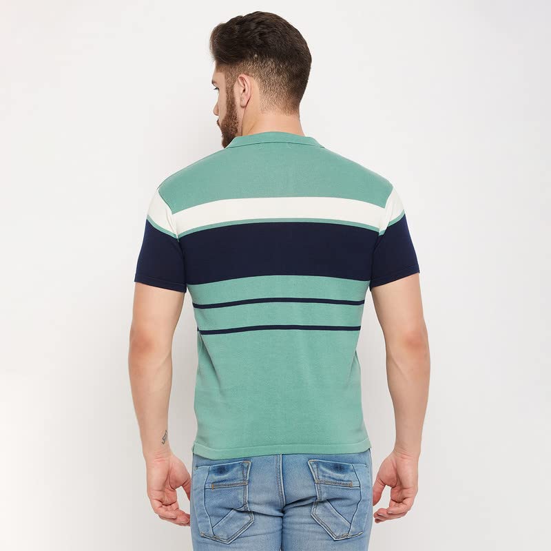 Image of Cantabil Men Teal Cotton Polo Neck Half Sleeve Striped T-Shirt (P MTSH00279 Teal)