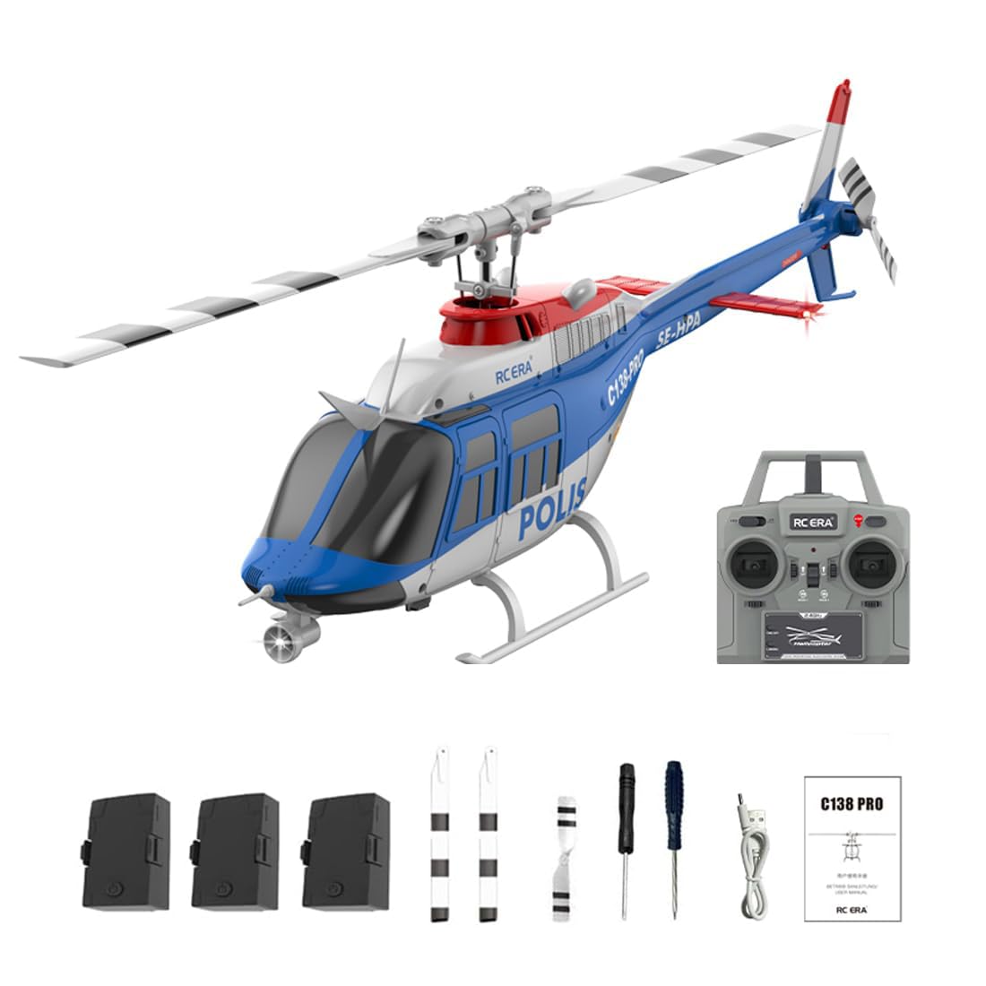 1:33 C138PRO RC elicottero 6 canali monotrotore con motore brushless, elicottero 3D con flusso ottico in altezza, start/atterraggio, RTF (blu e bianco/3 batterie)