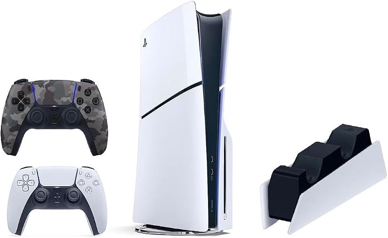 Paquete de consola Sony Playstation 5 Slim Disc de 1 TB con controladores de camuflaje blanco y gris y estación de carga DualSense, juegos 4K-TV - SNY-BD-PS5SLIM (renovado)