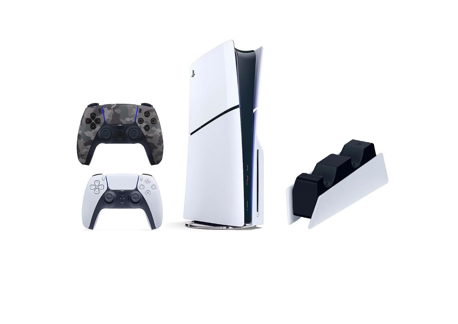 Sony Playstation 5 Slim Disc 1TB Console Bundle with White Gray Camo Controllers and DualSense Charging Station 4K-TV