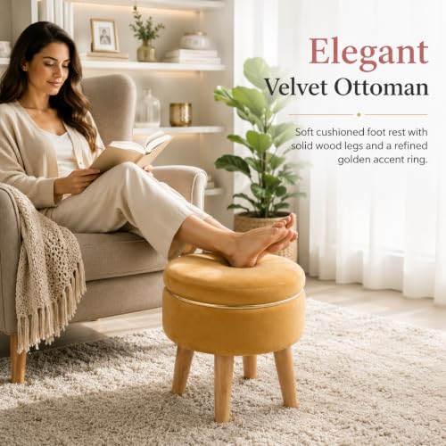 Image of Ottoman Stool for Living Room Foot Rest | Velvet Small Ottoman Foot Stool | Solid Wood Legs | Footstool Puffy for Home, Bedroom & Makeup Table | 30 x 30 cm (12 x 12 Inch) | Yellow