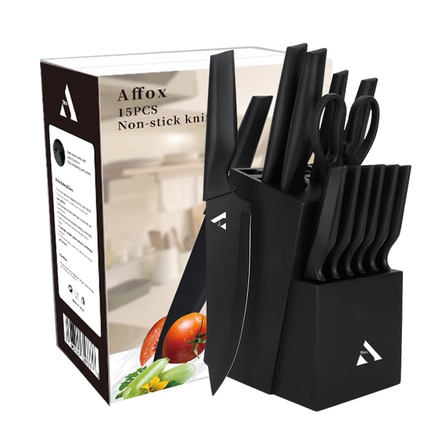 15-Piece-Professional-Chef-Knife-Set-With-Wooden-Block-and-Inbuilt-Sharpener-Non-Stick-Coating-High-Carbon-Stainless-Steel-V-Shaped-Cutting-Edge-with-Ergonomic-Design Affox 15-Piece Professional Chef Knife Set With Wooden Block and Inbuilt Sharpener, Non-Stick Coating, High Carbon Stainless Steel, V-Shaped Cutting Edge with Ergonomic Design