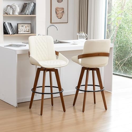 Image of Bar Stools Set of 2, 29.5 Inch Mid Century Modern Swivel Bar Stools, Furniture with Curved Back, Faux Leather Upholstered and Walnut Wood Frame for Bar /Pub /Island (White, 29.5 inch-2 PCS)