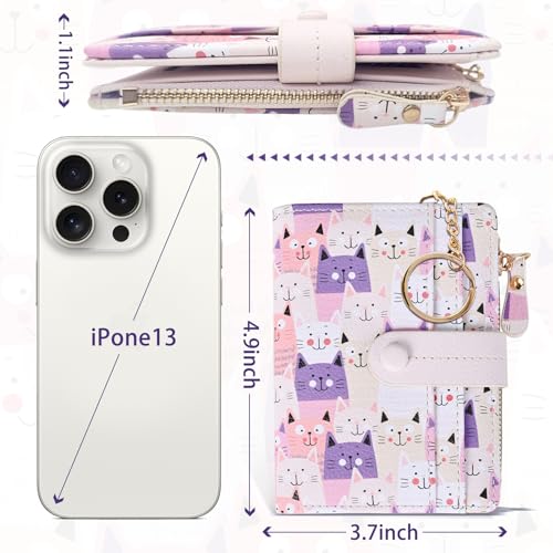 Image of COSHAYSOO Aesthetic Wallet for Ladies Teen Girls - Womens RFID Blocking Purse with Card Slots ID Window Zipper Coin Pocket - Waterproof PU Leather Small Cute Keychain Wallet - Pink Cat