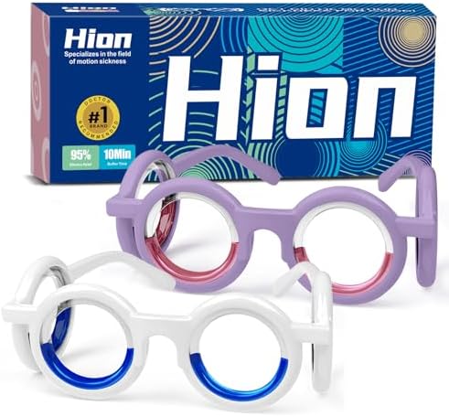 Hion Motion Sickness Glasses,Relieve Carsickness Airsickness Seasickness,Ultra-Light Portable Nausea Vertigo Glasses, No Lens Liquid for Adults or Kids(White+Violet)