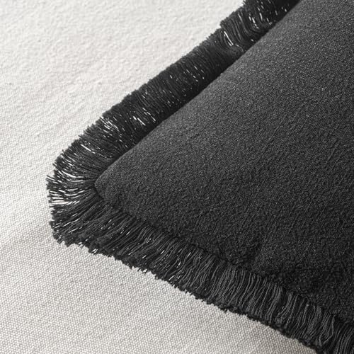 Image of MIULEE Decorative Throw Pillow Covers Neutral Linen Fringe Throw Pillows Euro Shams Set of 2 Black Boho Farmhouse Cushion Covers for Couch Sofa Bed Living Room Spring Home Decor 22x22 Inch