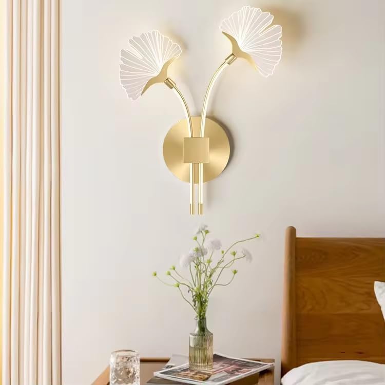 Image of Modern LED Wall Sconce Light, Dual Ginkgo Leaf Design, Metal Base with Three Colour Illumination (Warm White, Natural White, Cool White), Indoor Decorative Lighting|Gold