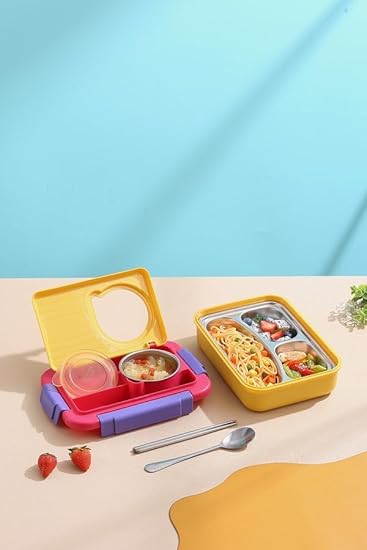 Leakage Proof Lunch Boxes for Adults and Kids Leakage Proof Stainless Steel Lunch Box for Kids Childrens with Spoon Chopstick & Fork Lid Office Food Container (3 Compartment 800ML+150ML)