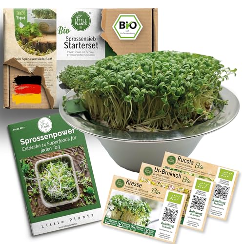Little Plants Sprossensieb Edelstahl Set + 3 x Bio Sprossen Samen in 2 inkl. Sprossen Ebook Keimglas (Grün)