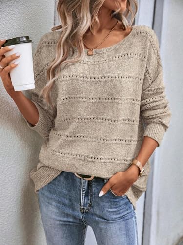 Image of Women's Sweater Soft Boat Neck Long Sleeve Oversized Sweaters Crochet Pullover Knit Tops