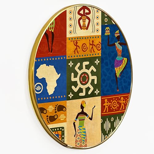 Image of African Tribal Round Framed Wall Art Painting For Living Room | Ethnic Cultural Abstract African Theme Wall Art Painting With Frame for Home, Bedroom & Office, 16 Inch