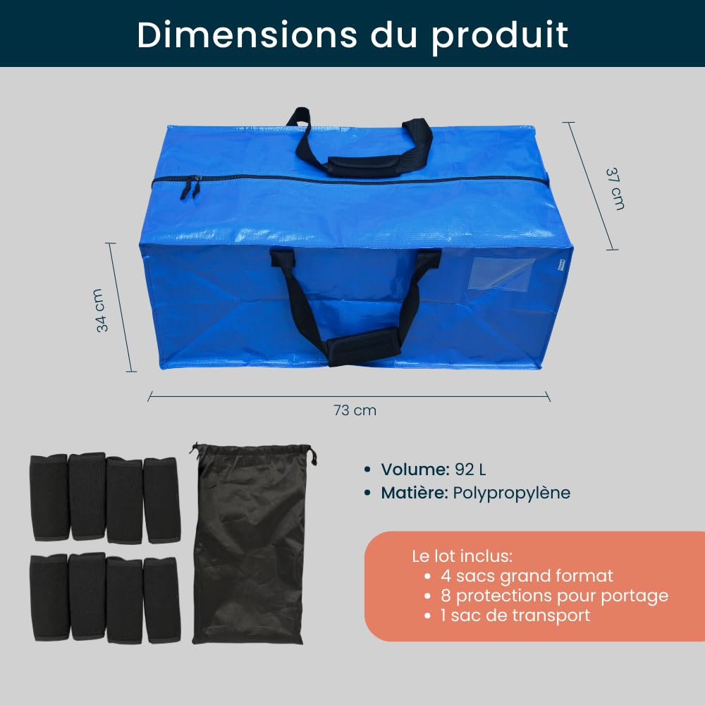 Lot de 4 Sacs Demenagement Grand Format Solides, Portage 2-en-1 avec Poignées, Sac Demenagement Réutilisable et Polyvalent pour Rangement Garage, Cave et Grenier