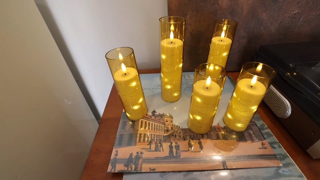 Image of 5 Pack Champagne Transparent Acrylic Flameless Taper Candles, Flickering Black Wick LED Candles with Surrounding Fairy String Lights, Heat Resistant ABS Candles with Remote for Indoor Outdoor Decor