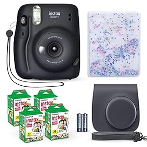 Fujifilm Instax Mini 11 Instant Camera Charcoal Gray + Fuji Film Value Pack (40 Sheets) + Shutter Accessories Bundle, Incl. Compatible Carrying Case, Quicksand Beads Photo Album 64 Pockets