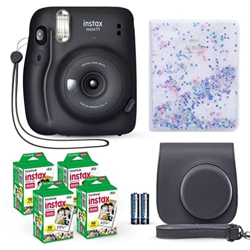 Fujifilm Instax Mini 11 Instant Camera Charcoal Gray + Fuji Film Value Pack (40 Sheets) + Shutter Accessories Bundle, Incl. Compatible Carrying Case, Quicksand Beads Photo Album 64 Pockets