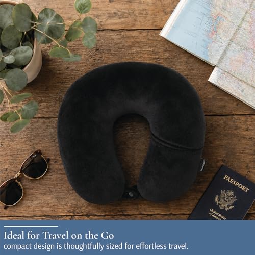 Image of Brookstone Travel Pillow - 100% Microbead Comfort Classic Lightweight Ergonomic Fleece Airplane Head and Neck Pillow with Phone Pocket, Black
