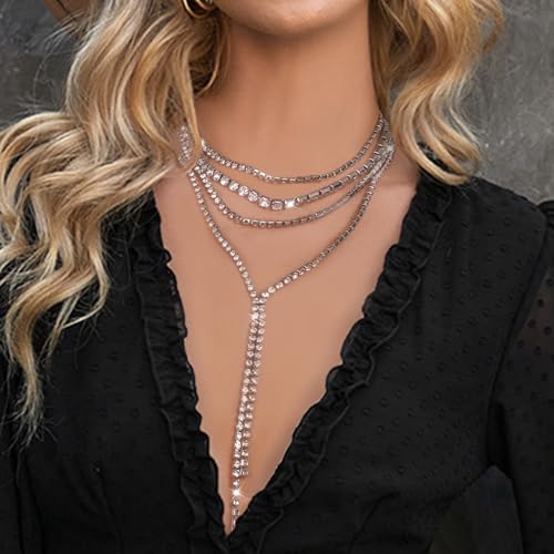 Layered Wedding Choker Rhinestone Necklace Sparkly Long Crystal Neck Chain for Women3