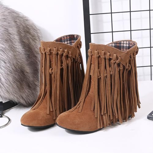 Cowboy Boots for Women - Fringe Suede Ankle Cowgirl Booties Pull-On Round Toe Lightweight Breathable Leather Retro Comfort Wear Walking Shoes Non Slip Heel with Arch Support2