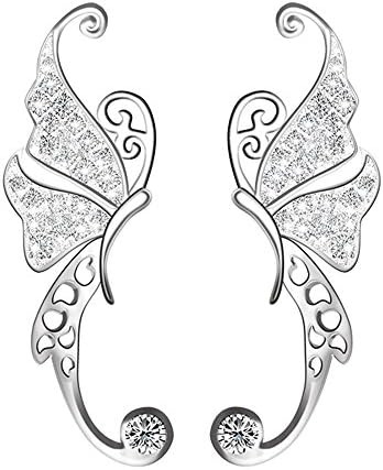 Ear Crawler, Mariafashion Cuff Earrings Sterling Silver Ear Climber Butterfly Diamond Zircon Stud Earrings (butterfly ear cuff)