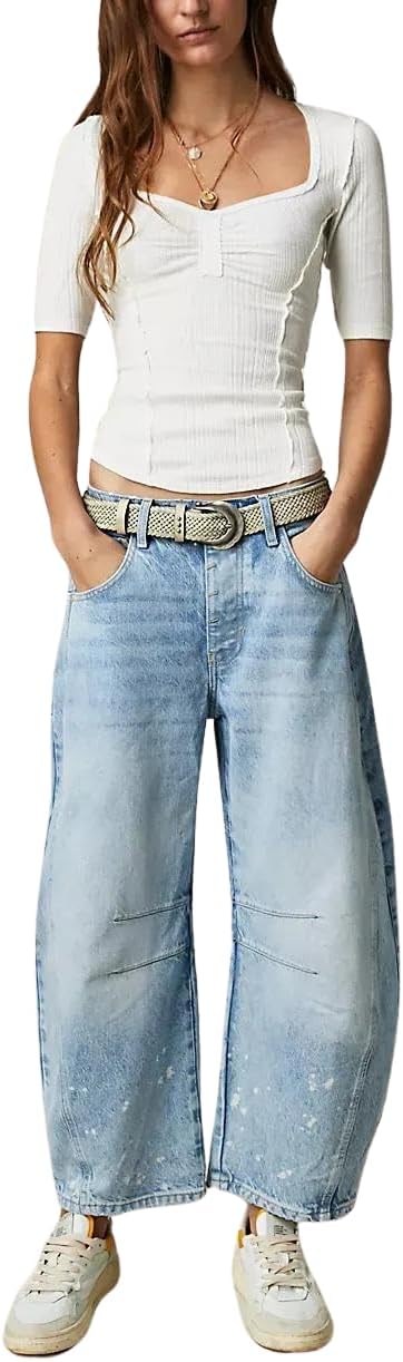 Barrel Jeans Women,Women Mid Rise Barrel Jeans Wide Leg Baggy Trendy Jeans Boyfriend Vintage Denim Pants with Pocket