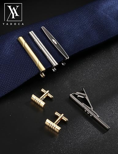 YADOCA Tie Clip Cufflinks Set for Men Necktie Tie Bar Clips Business Shirts Tuxedo Wedding Gift with Box Silver-tone Gold-tone Black4