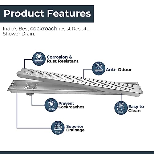 Image of Aquieen Shower Water Drainer Floor Bathroom Grating with SS 304 Anti-Foul Cockroach Trap (Grade AISI 304) (30 inch) (Wave Shower Drainer 30 inch (Side Hole, 30 inch x 4 inch)