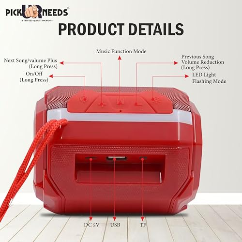 Image of Pick Ur Needs Wireless Rechargeable Mega Bass Portable Bluetooth Speaker | Water Proof | Splash Proof | Premium Speaker Compatible with All Mobile Phone (Red)
