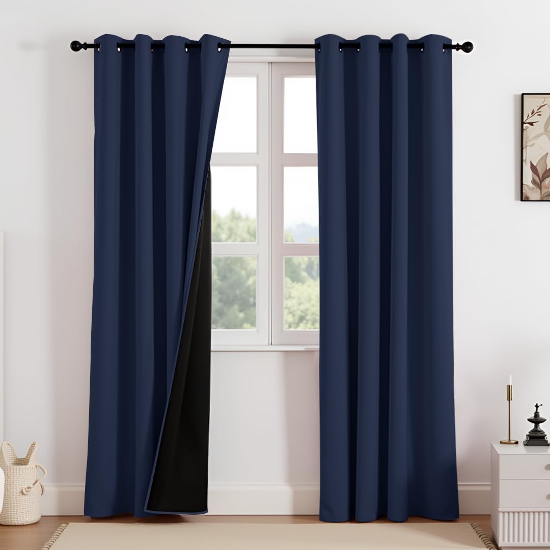 HOMEMONDE 100% True Blackout Curtains 7 Feet Long - Heavy Faux Silk Room Darkening Curtains with Black Backing, Room Privacy and Thermal Insulation Panels Pack of 4 - (84 Inch, Solid Navy Blue)