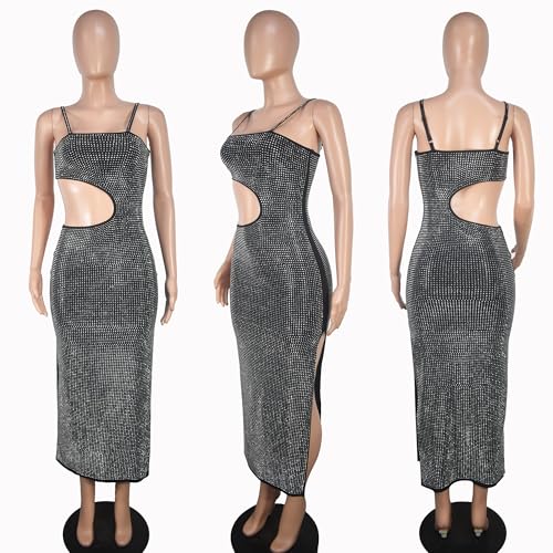 Image of Jigfar Women Sexy Elegant Rhinestone Mesh See Through Party Club Night Split Bodycon Formal Maxi Dress
