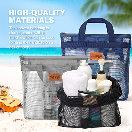 3-Pcs-Portable-Mesh-Shower-Caddy-Tote-Quick-Dry-Tote-Bag-Mesh-Beach-Bags-for-Women-Hanging-Toiletry-and-Bath-Organizer-for-Travel-Swimming-Sports-Gym-Camp-Shopping-College-Dorms-Black-Gray-D-Blue