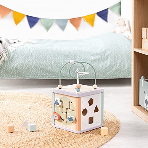 Navaris Cube d'activité en Bois – pour Enfants de Plus de 18 Mois – 5 activités d’éveil en 1 – Jeux éducatifs boulier Labyrinthe Heure