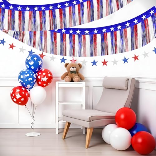 Image of 4 Pack 4th of July Decorations, 39 Feet Patriotic Foil Fringe Garland Independence Red White and Blue Metallic Tinsel Garland and for Flag Day Patriotic Party 250 Years