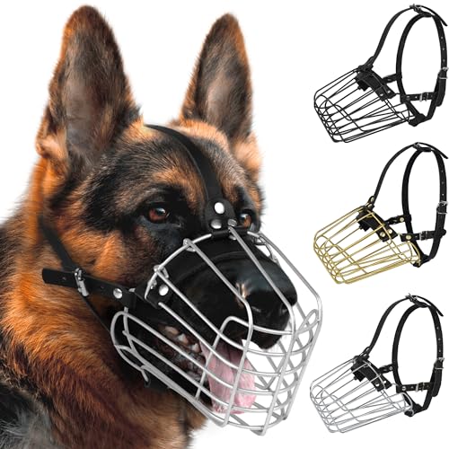 BUDKAS Deutscher Schäferhund Maulkorb Metall Korb für Mittlere Große Hunde Verstellbare Langlebige Lederriemen Sichere Drahtmaske zum Beißen Kauen Bellen (Silber, L - Größe)