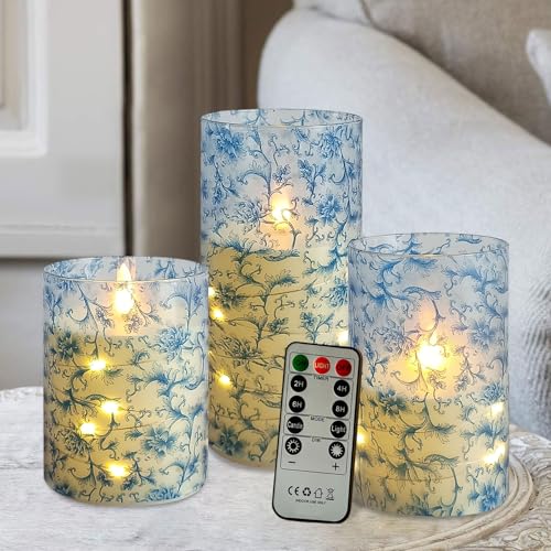 Image of Flickering Flameless Candles, Recessed String Light LED Candles 3D Wick Acrylic Battery Operated LED Pillar Candles with Remote and Timer for Modern Simple Home Decor Set of 3(Blue Twig)