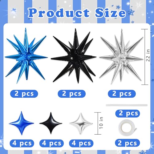 Image of TONIFUL 22Inch 18Pcs Black Blue Silver Explosion Star Mylar Balloons and 10Inch Four Pointed Star Balloons Set for Christmas New Year Birthday Wedding Bridal Shower Anniversary Photo Booth Supplies